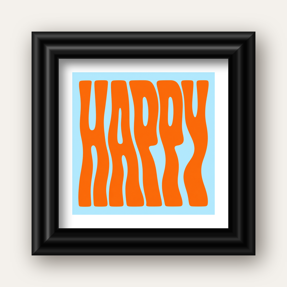 Retro Tipografi Poster – ‘HAPPY’ Dalgalı Harfler, Turuncu Mavi — siyah galeri çerçeveli paspartulu