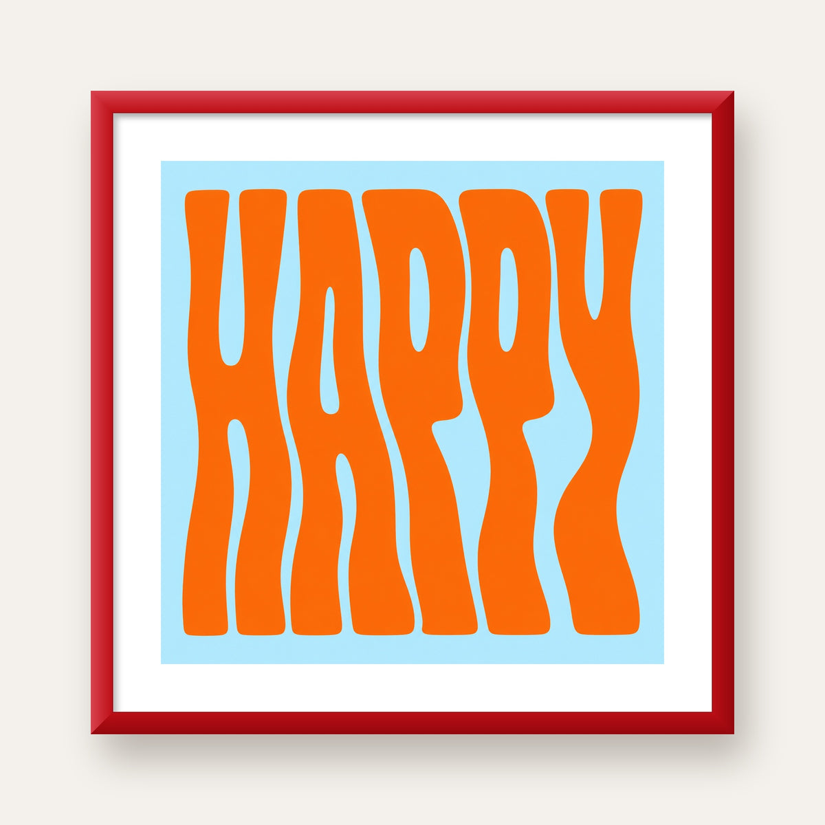 Retro Tipografi Poster – ‘HAPPY’ Dalgalı Harfler, Turuncu Mavi — kırmızı çerçeveli paspartulu