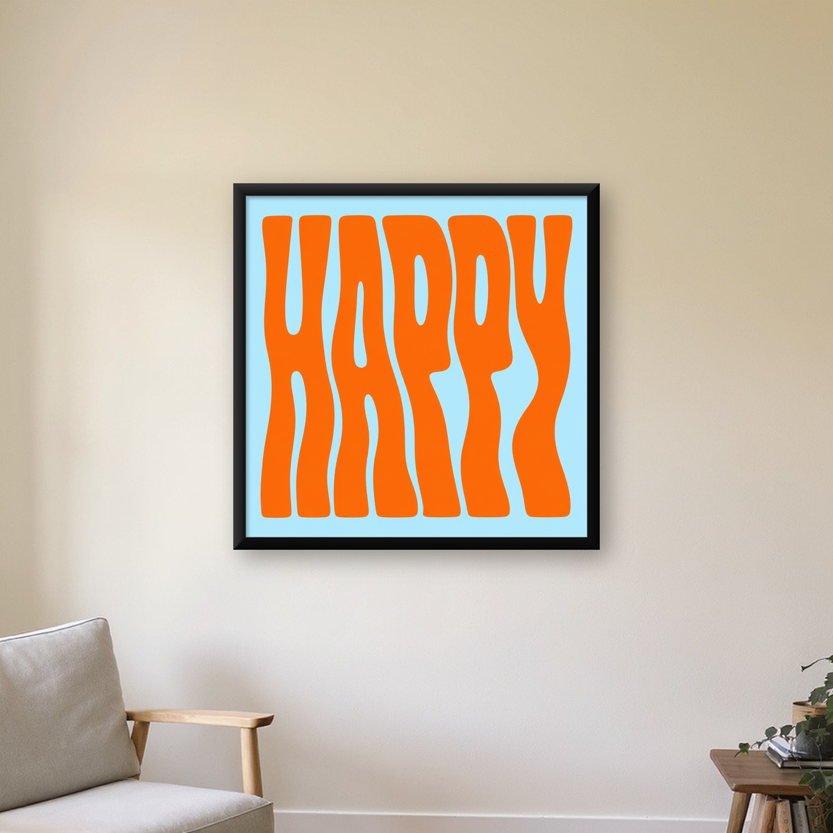 Retro Tipografi Poster – ‘HAPPY’ Dalgalı Harfler, Turuncu Mavi — Kare baskı, çerçeveli hâliyle bir ev duvarında