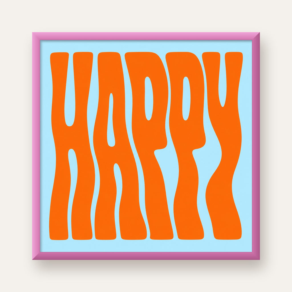 Retro Tipografi Poster – ‘HAPPY’ Dalgalı Harfler, Turuncu Mavi — pembe çerçeveli