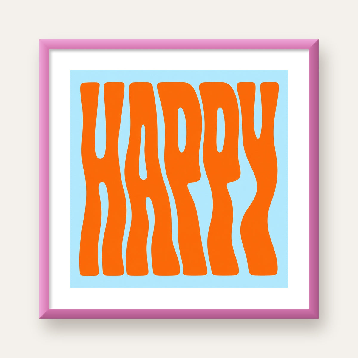 Retro Tipografi Poster – ‘HAPPY’ Dalgalı Harfler, Turuncu Mavi — pembe çerçeveli paspartulu