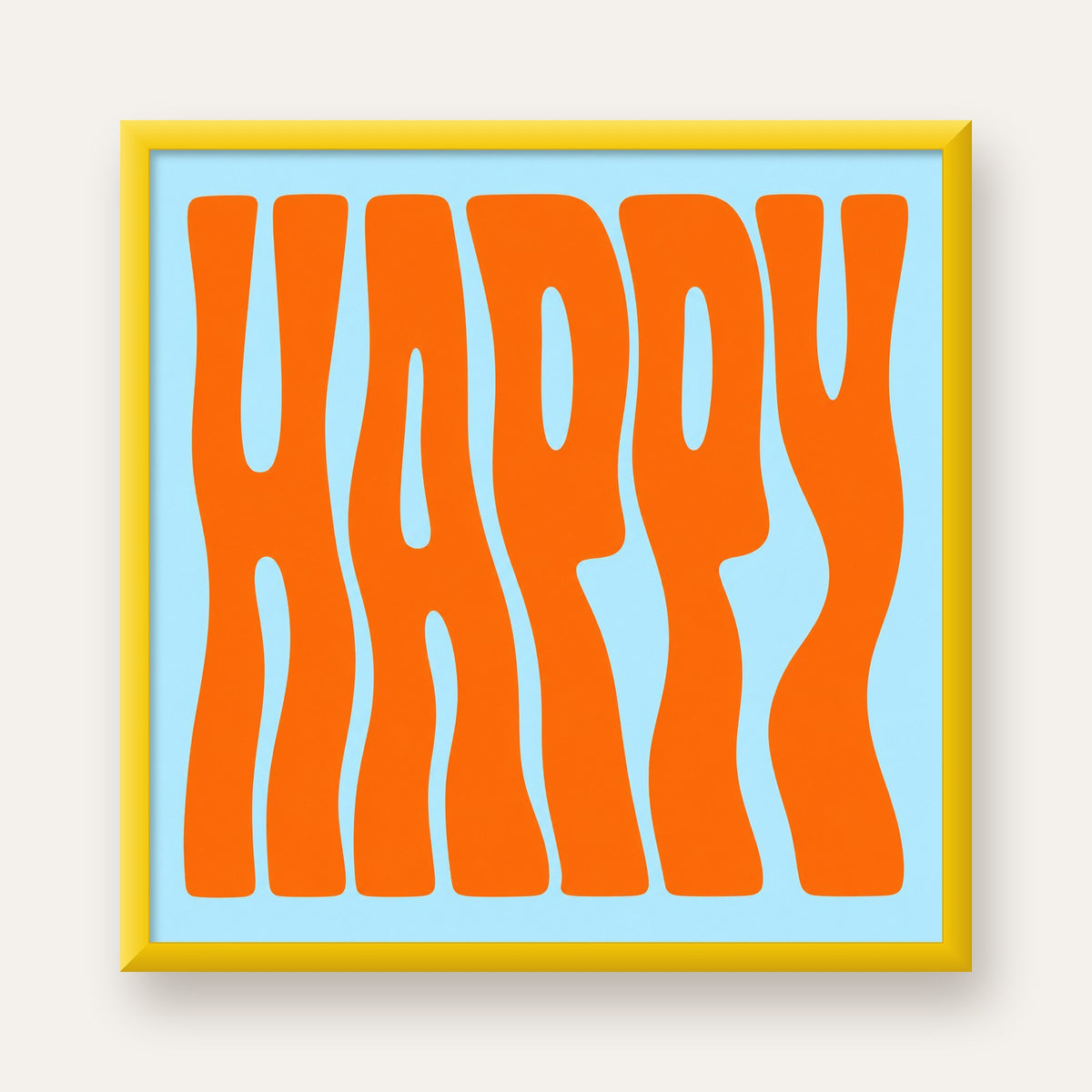 Retro Tipografi Poster – ‘HAPPY’ Dalgalı Harfler, Turuncu Mavi — sarı çerçeveli