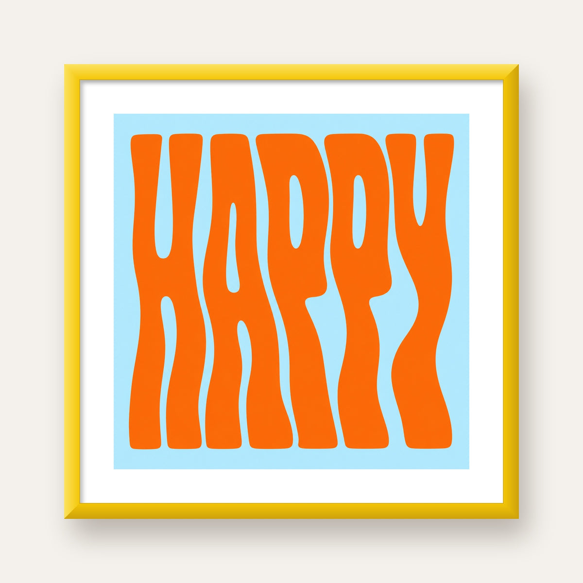 Retro Tipografi Poster – ‘HAPPY’ Dalgalı Harfler, Turuncu Mavi — sarı çerçeveli paspartulu