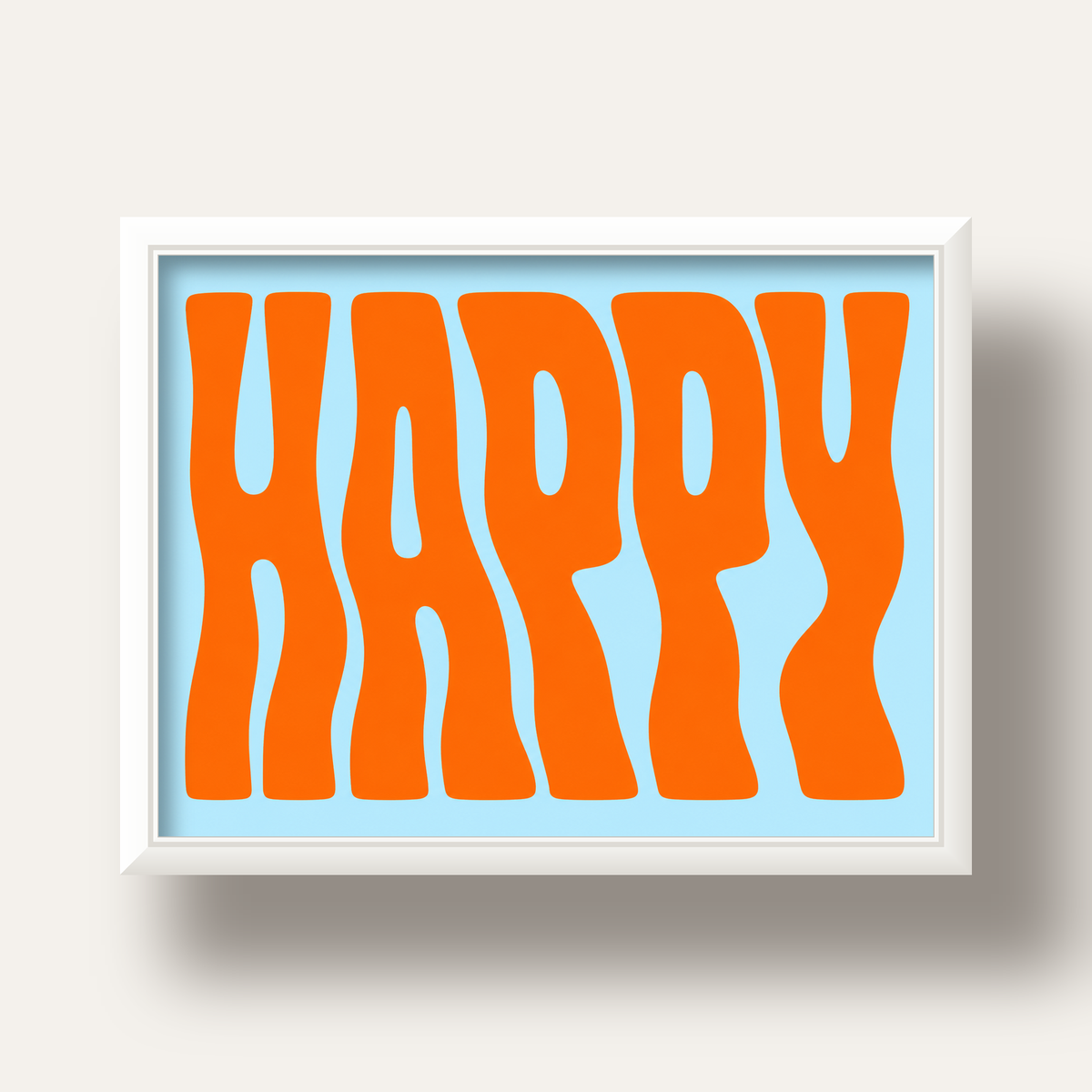 Retro Tipografi Poster – ‘HAPPY’ Dalgalı Harfler, Turuncu Mavi — beyaz derin çerçeveli