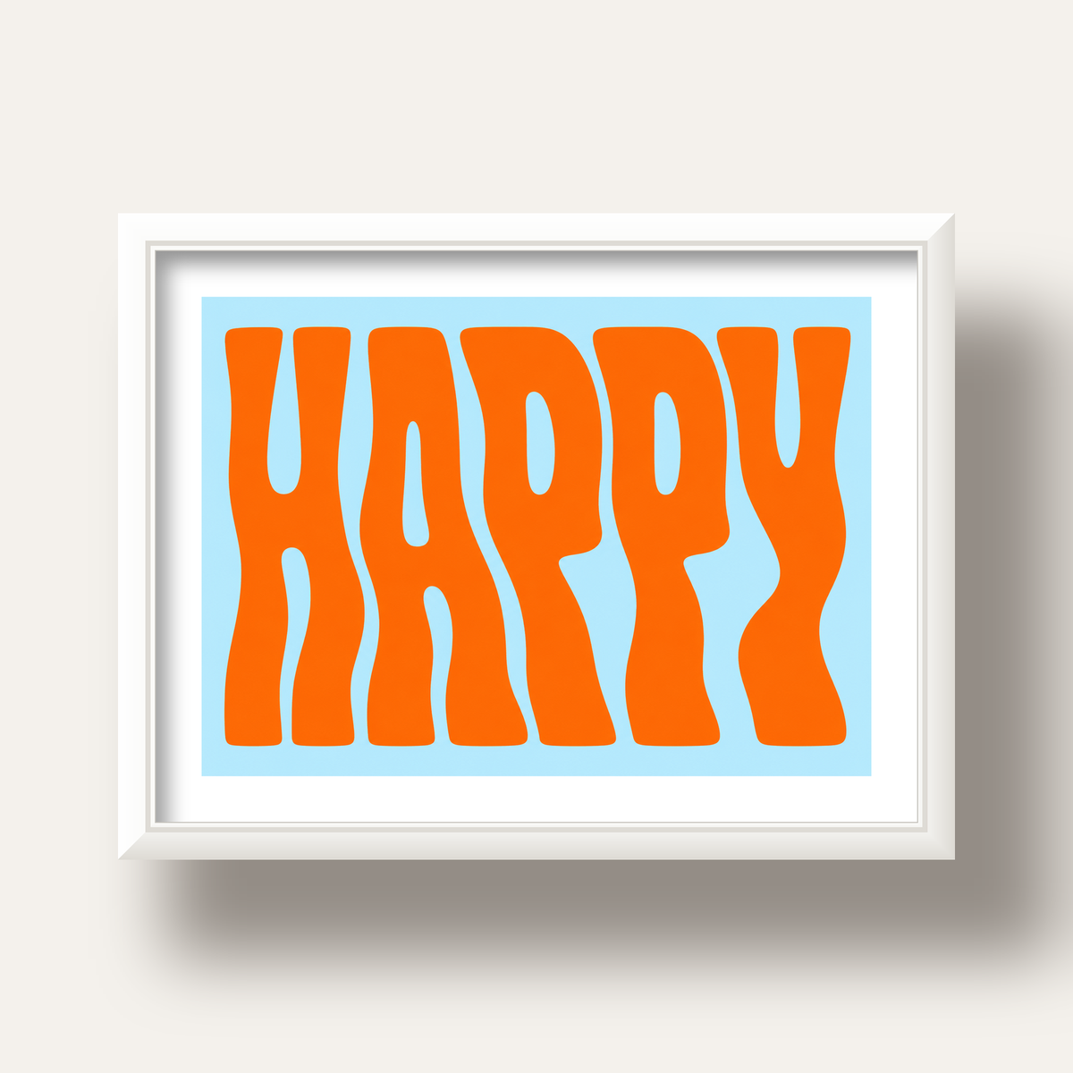 Retro Tipografi Poster – ‘HAPPY’ Dalgalı Harfler, Turuncu Mavi — beyaz derin çerçeveli paspartulu