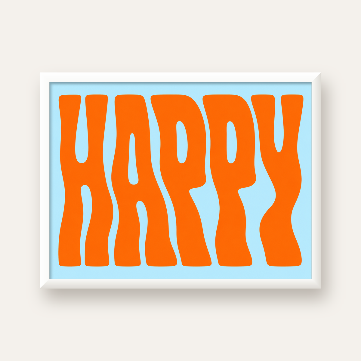 Retro Tipografi Poster – ‘HAPPY’ Dalgalı Harfler, Turuncu Mavi — beyaz çerçeveli yatay poster