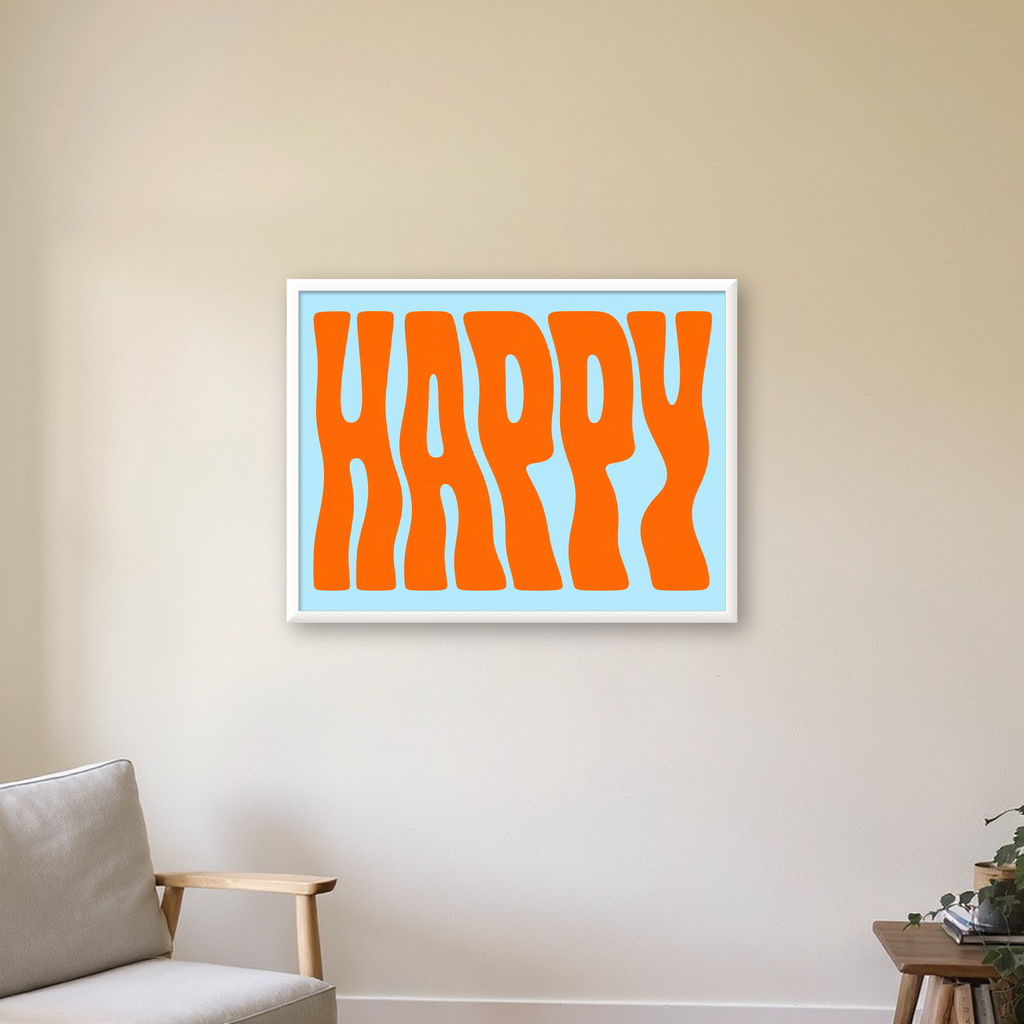 Retro Tipografi Poster – ‘HAPPY’ Dalgalı Harfler, Turuncu Mavi — beyaz çerçeveli yatay poster