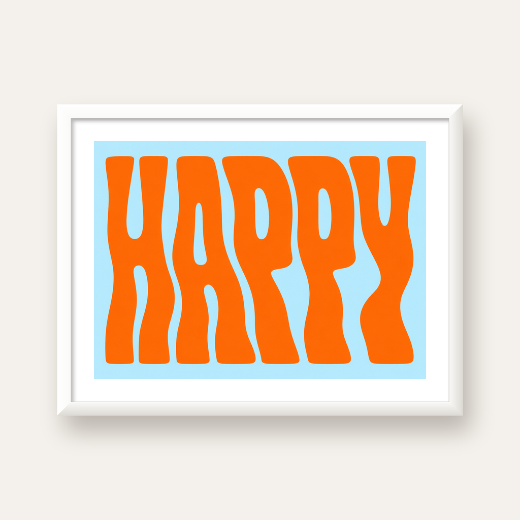 Retro Tipografi Poster – ‘HAPPY’ Dalgalı Harfler, Turuncu Mavi — beyaz çerçeveli yatay poster