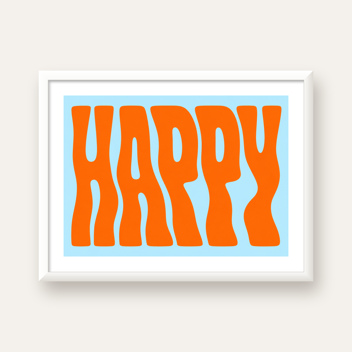 Retro Tipografi Poster – ‘HAPPY’ Dalgalı Harfler, Turuncu Mavi — beyaz çerçeveli yatay poster