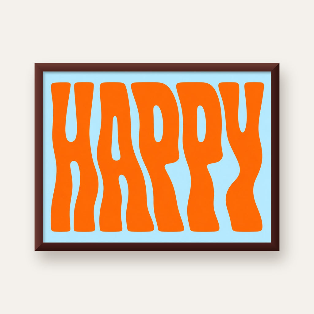Retro Tipografi Poster – ‘HAPPY’ Dalgalı Harfler, Turuncu Mavi — ceviz çerçeveli