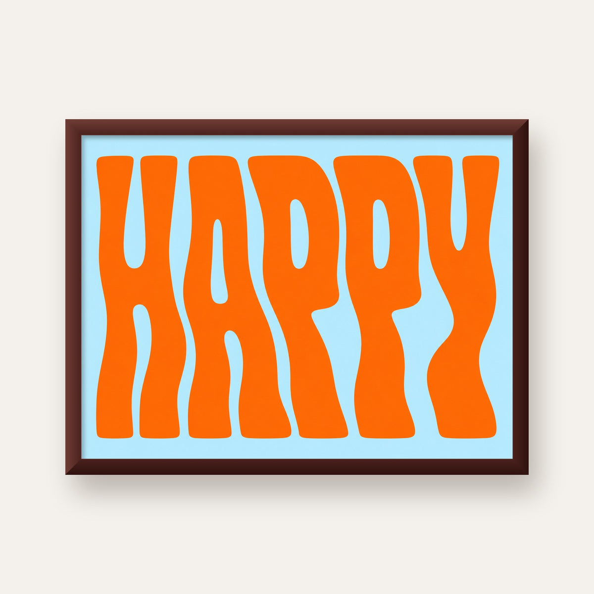 Retro Tipografi Poster – ‘HAPPY’ Dalgalı Harfler, Turuncu Mavi — ceviz çerçeveli