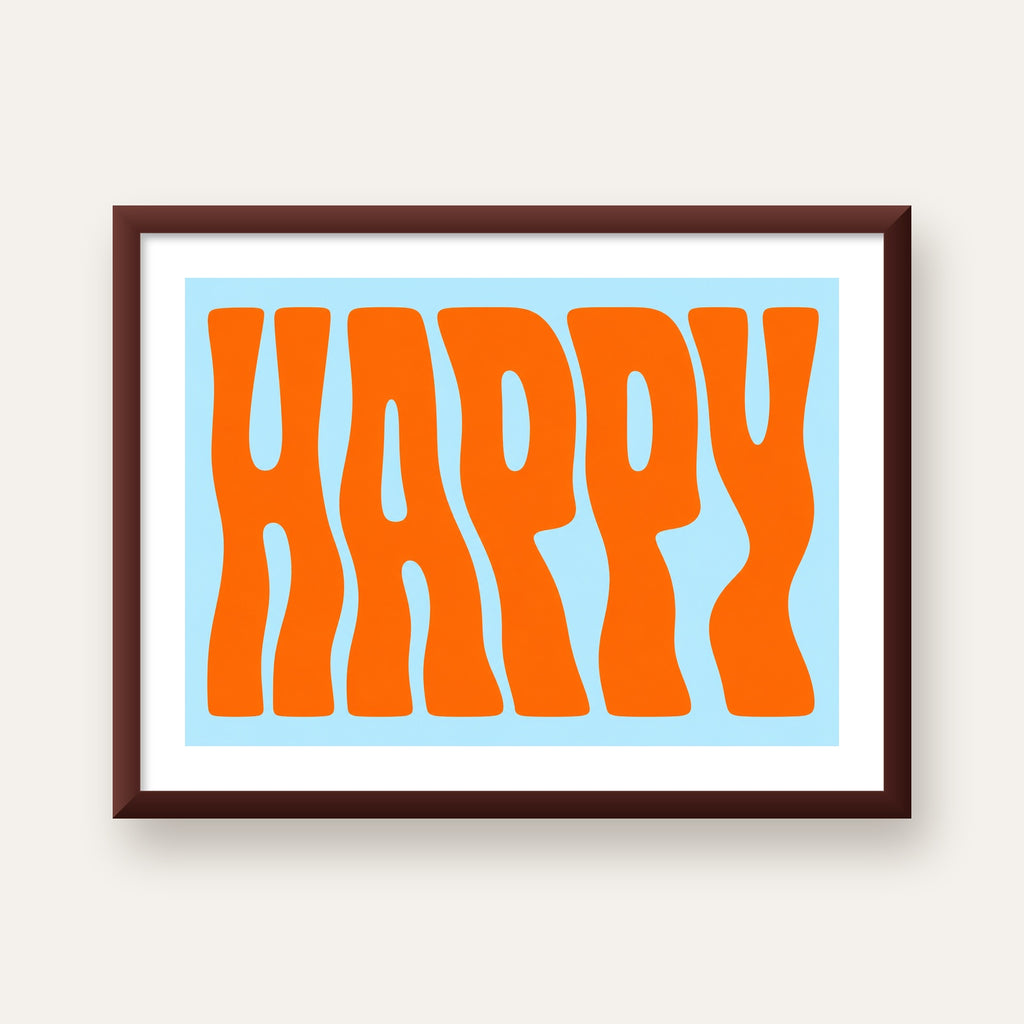 Retro Tipografi Poster – ‘HAPPY’ Dalgalı Harfler, Turuncu Mavi — ceviz çerçeveli paspartulu