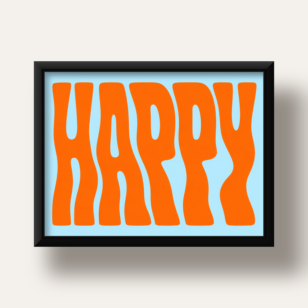Retro Tipografi Poster – ‘HAPPY’ Dalgalı Harfler, Turuncu Mavi — siyah derin çerçeveli