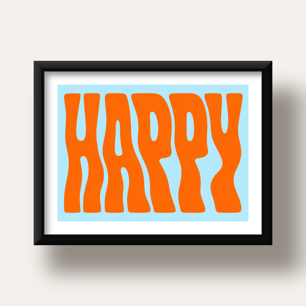 Retro Tipografi Poster – ‘HAPPY’ Dalgalı Harfler, Turuncu Mavi — siyah derin çerçeveli paspartulu