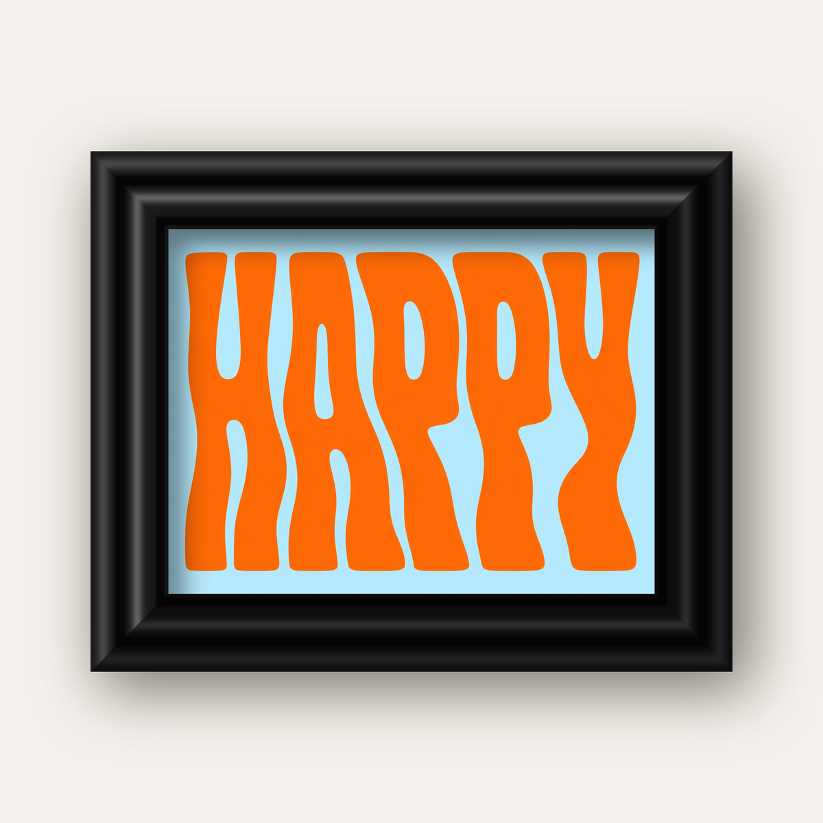 Retro Tipografi Poster – ‘HAPPY’ Dalgalı Harfler, Turuncu Mavi — siyah galeri çerçeveli