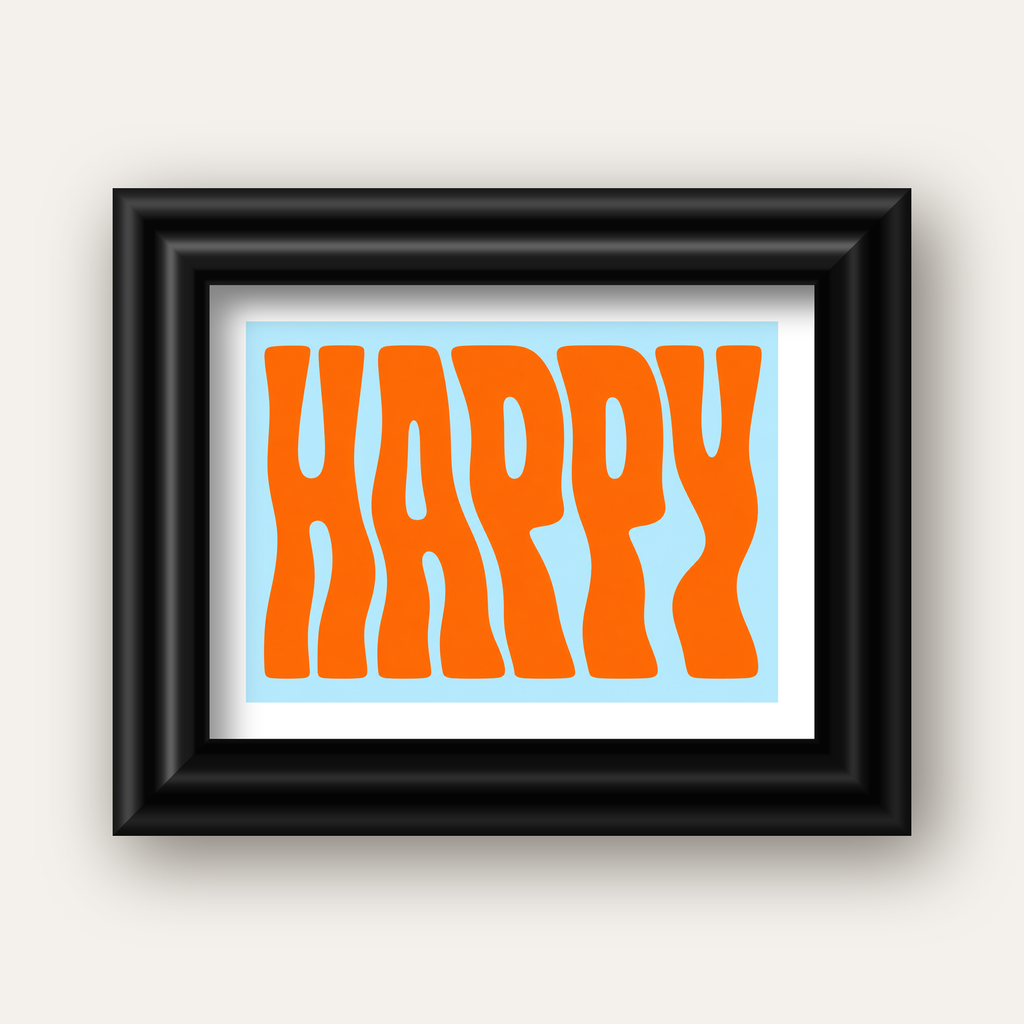 Retro Tipografi Poster – ‘HAPPY’ Dalgalı Harfler, Turuncu Mavi — siyah galeri çerçeveli paspartulu