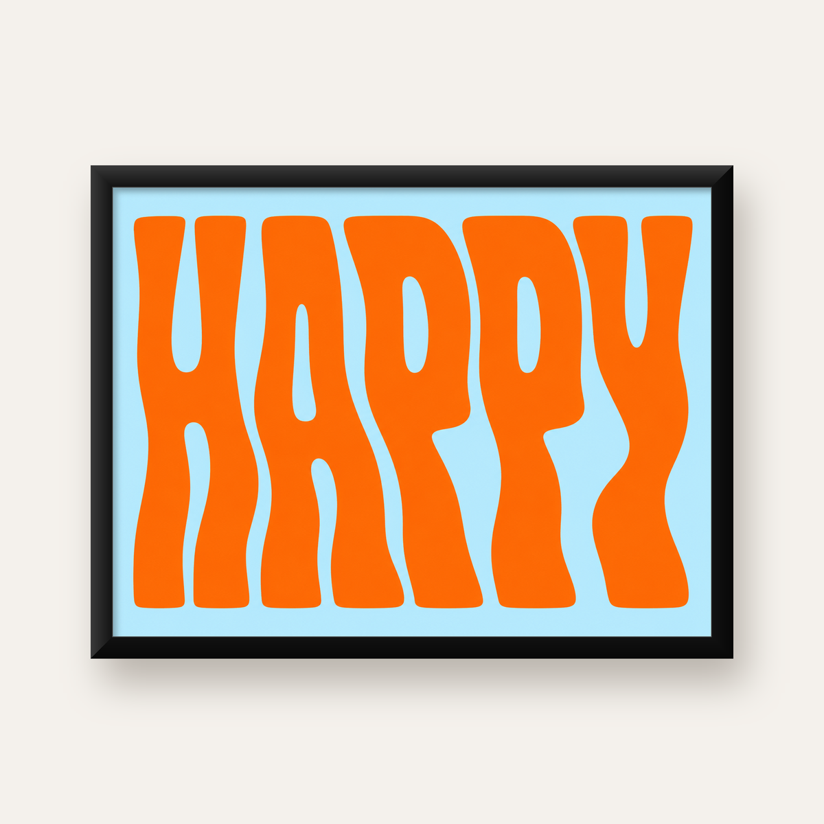 Retro Tipografi Poster – ‘HAPPY’ Dalgalı Harfler, Turuncu Mavi — Yatay baskı, düz siyah çerçeveli duvar posteri