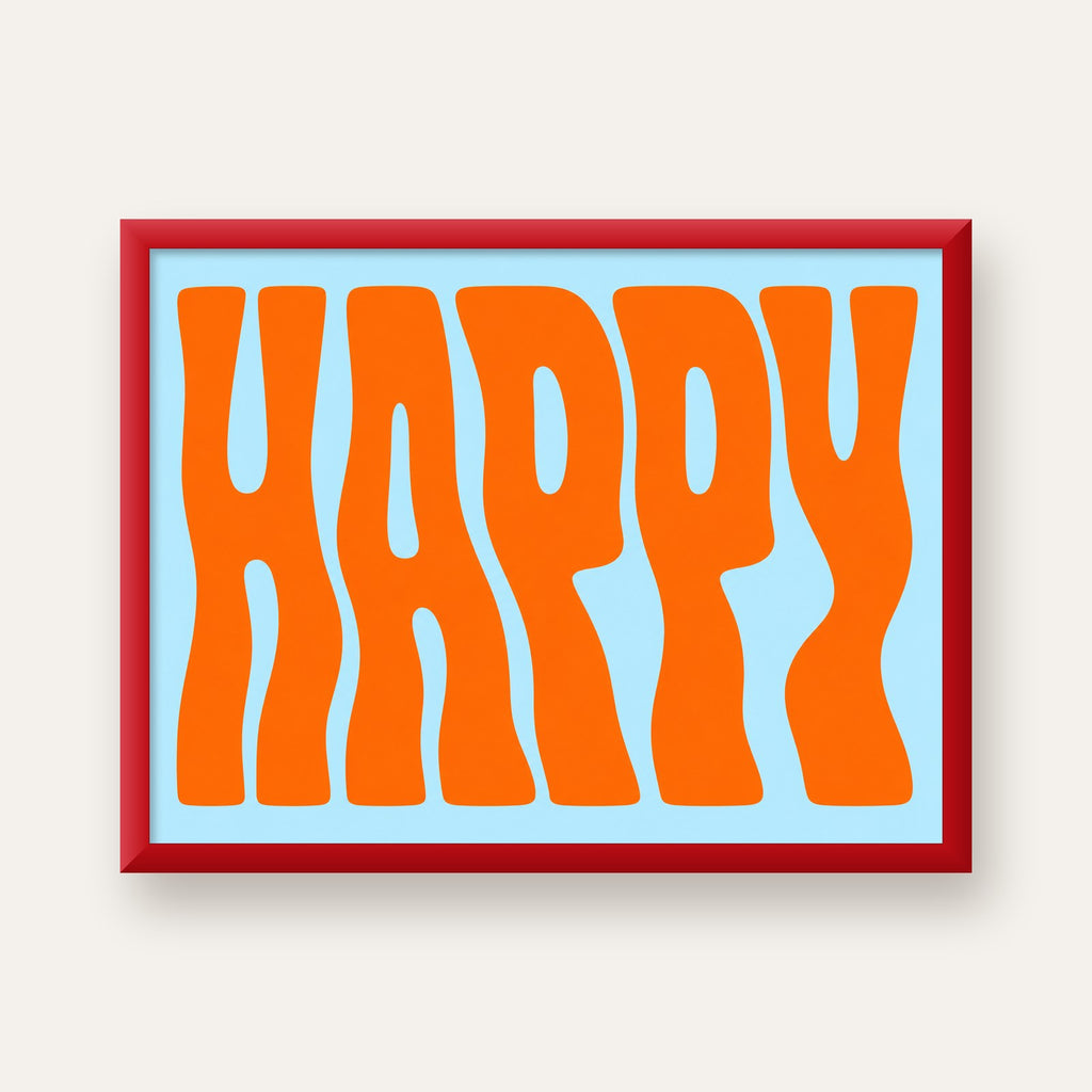 Retro Tipografi Poster – ‘HAPPY’ Dalgalı Harfler, Turuncu Mavi — kırmızı çerçeveli