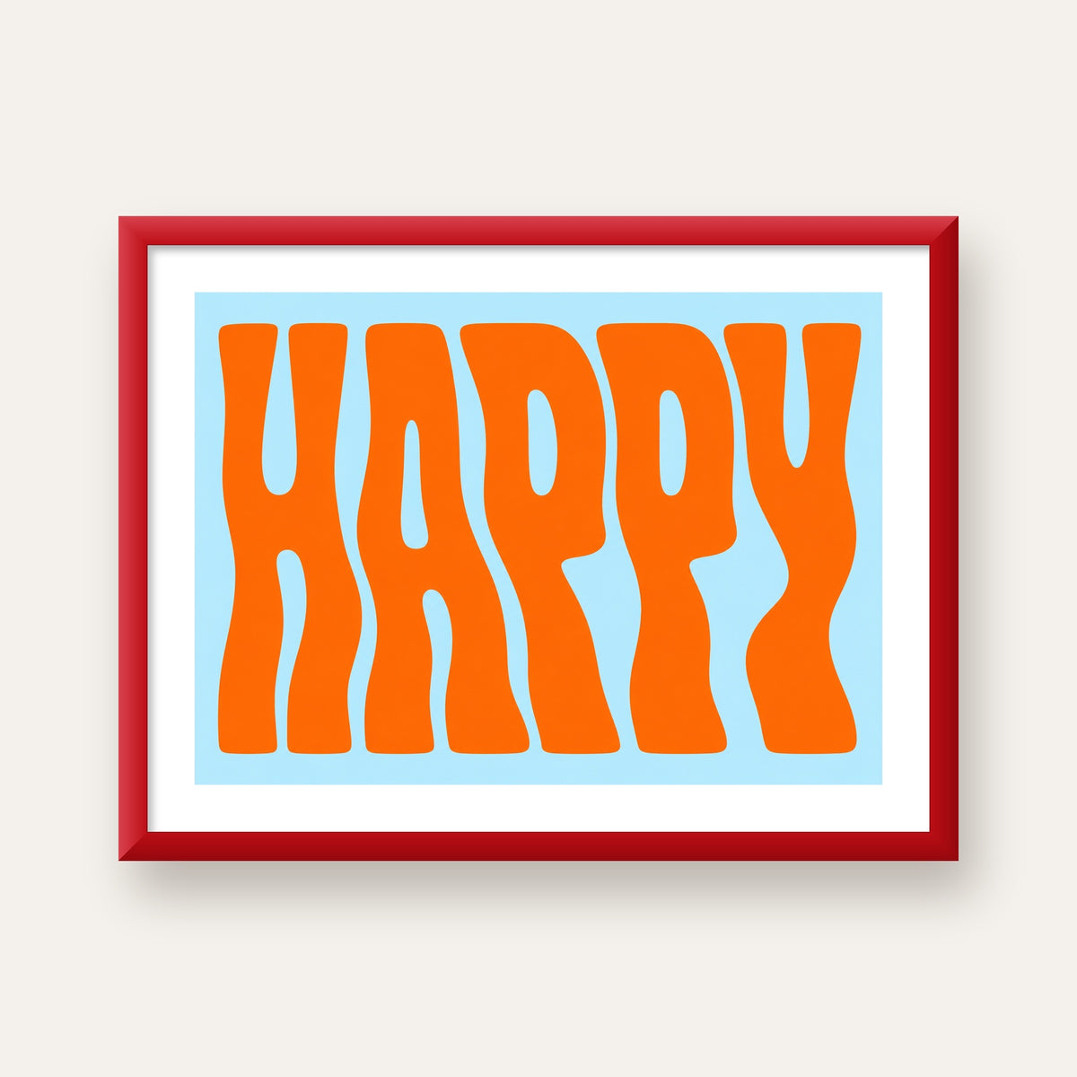 Retro Tipografi Poster – ‘HAPPY’ Dalgalı Harfler, Turuncu Mavi — kırmızı çerçeveli paspartulu