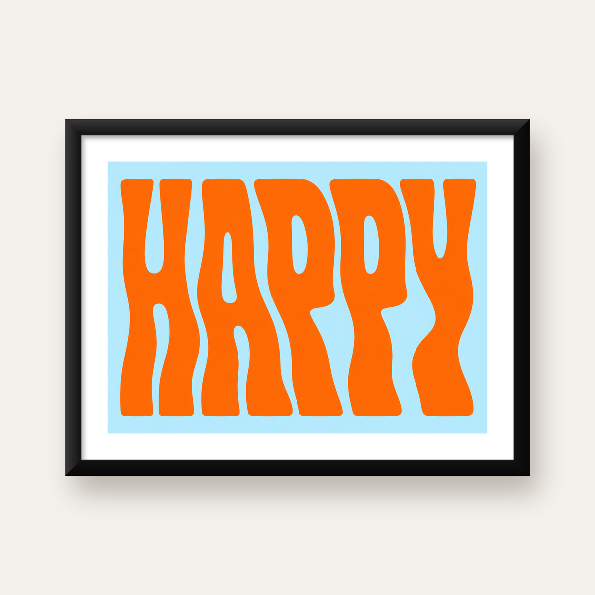 Retro Tipografi Poster – ‘HAPPY’ Dalgalı Harfler, Turuncu Mavi — Yatay baskı, beyaz paspartulu