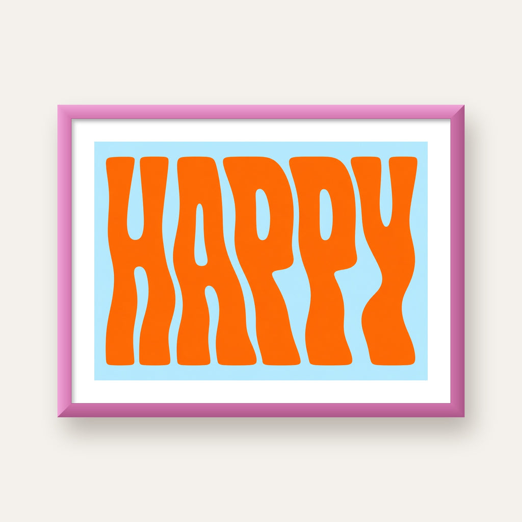 Retro Tipografi Poster – ‘HAPPY’ Dalgalı Harfler, Turuncu Mavi — pembe çerçeveli paspartulu