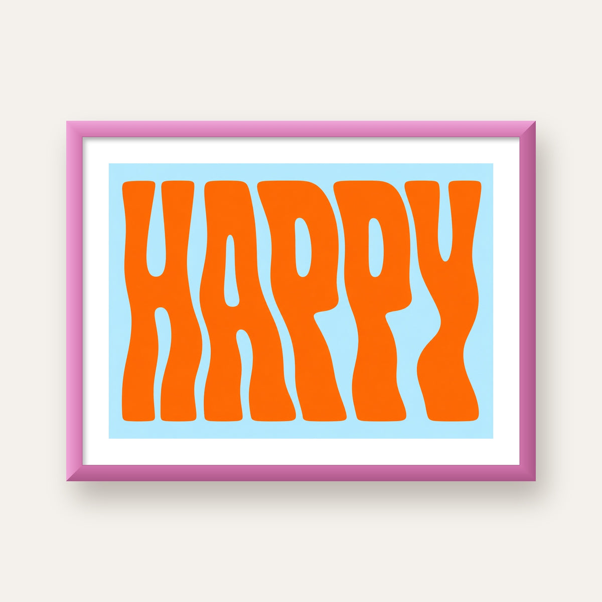 Retro Tipografi Poster – ‘HAPPY’ Dalgalı Harfler, Turuncu Mavi — pembe çerçeveli paspartulu