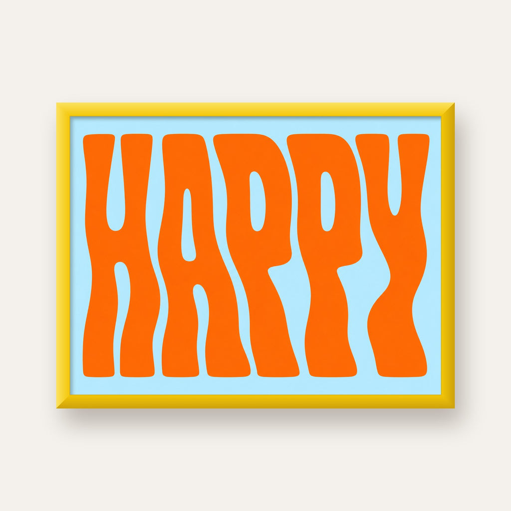 Retro Tipografi Poster – ‘HAPPY’ Dalgalı Harfler, Turuncu Mavi — sarı çerçeveli