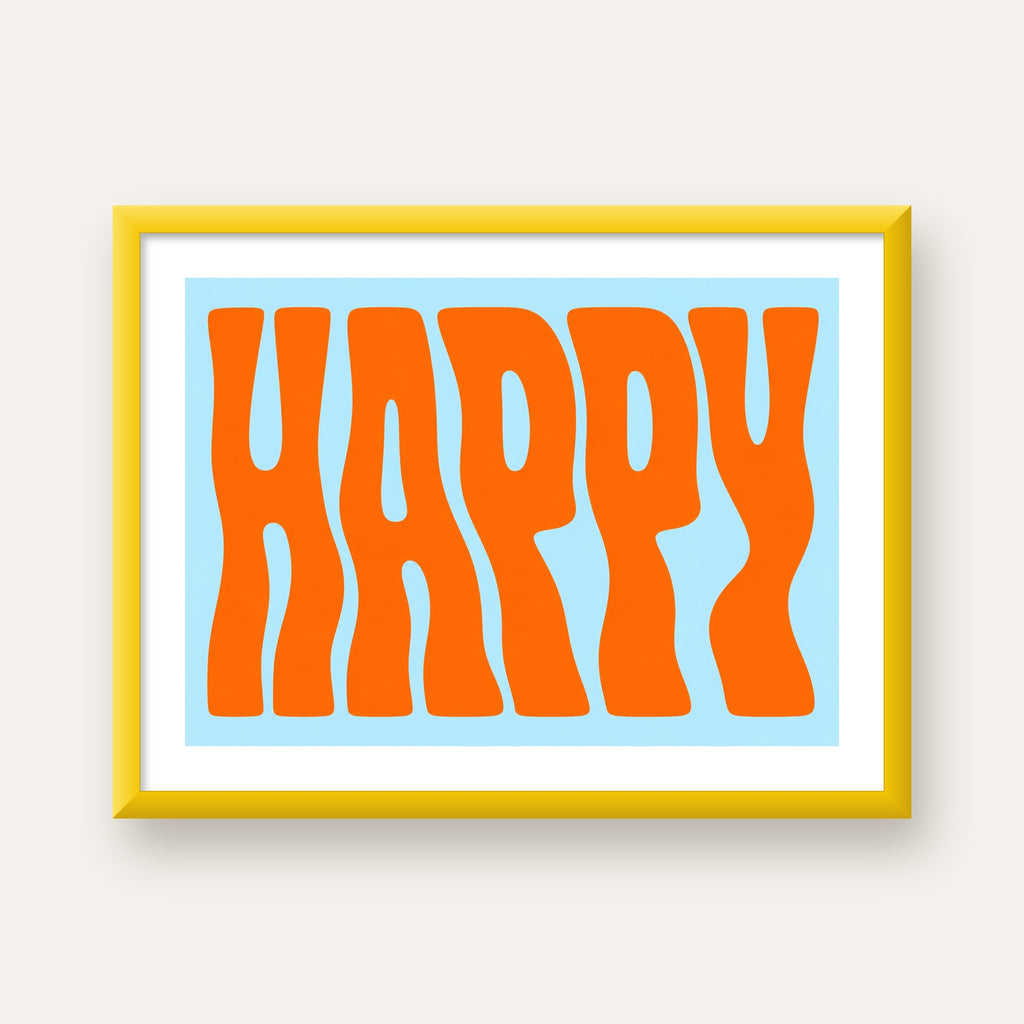 Retro Tipografi Poster – ‘HAPPY’ Dalgalı Harfler, Turuncu Mavi — sarı çerçeveli paspartulu