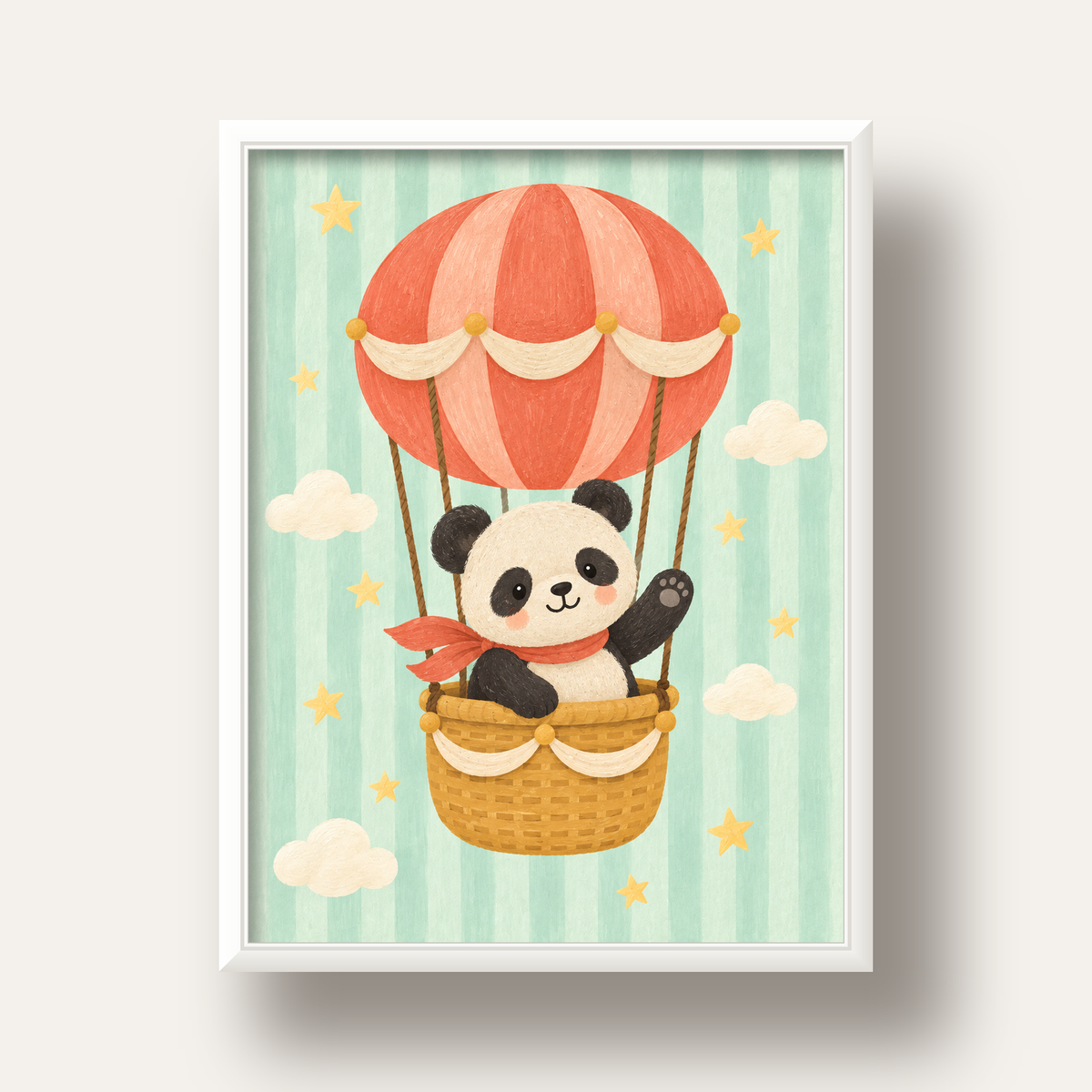 Balonda Sevimli Panda Poster – Pastel Çocuk Odası Duvar Dekoru — beyaz derin çerçeveli
