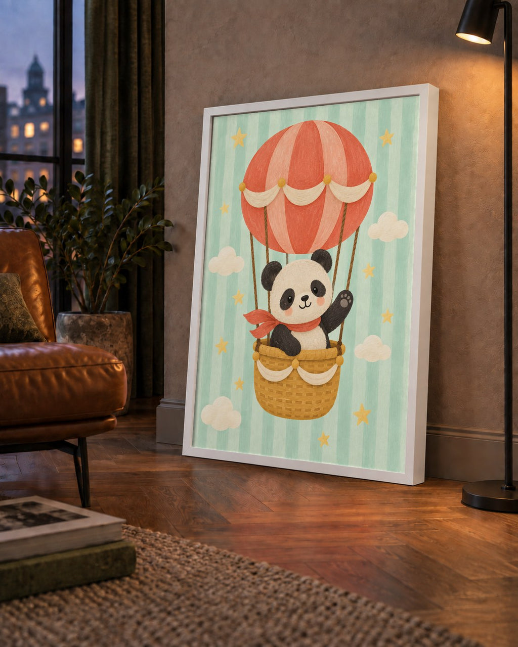 Balonda Sevimli Panda Poster – Pastel Çocuk Odası Duvar Dekoru — çerçeveli hâliyle bir ev duvarında