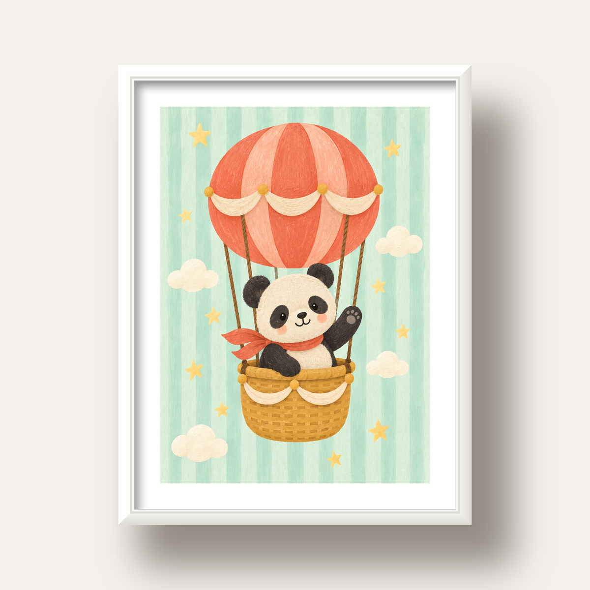 Balonda Sevimli Panda Poster – Pastel Çocuk Odası Duvar Dekoru — beyaz derin çerçeveli paspartulu