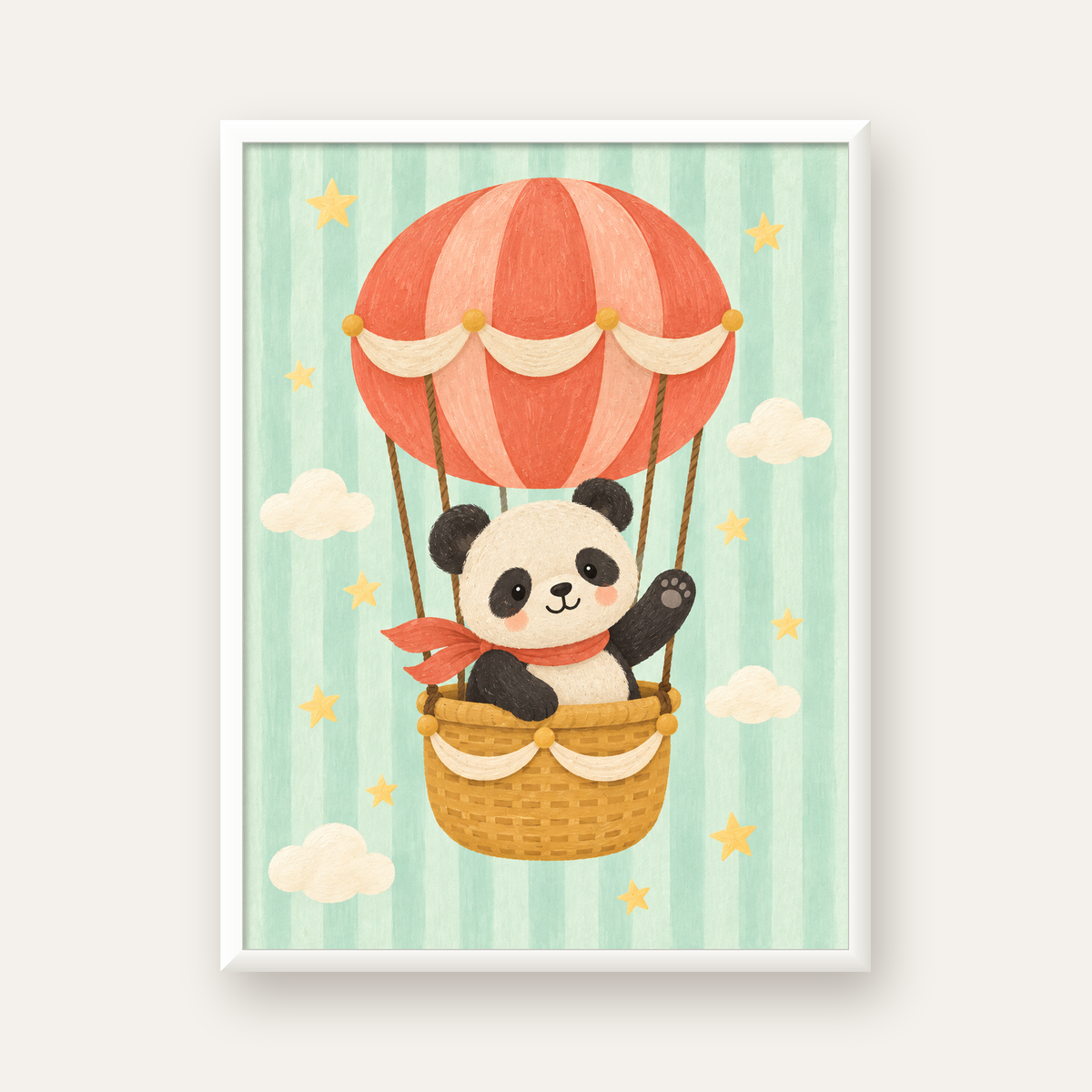 Balonda Sevimli Panda Poster – Pastel Çocuk Odası Duvar Dekoru — beyaz çerçeveli dikey poster