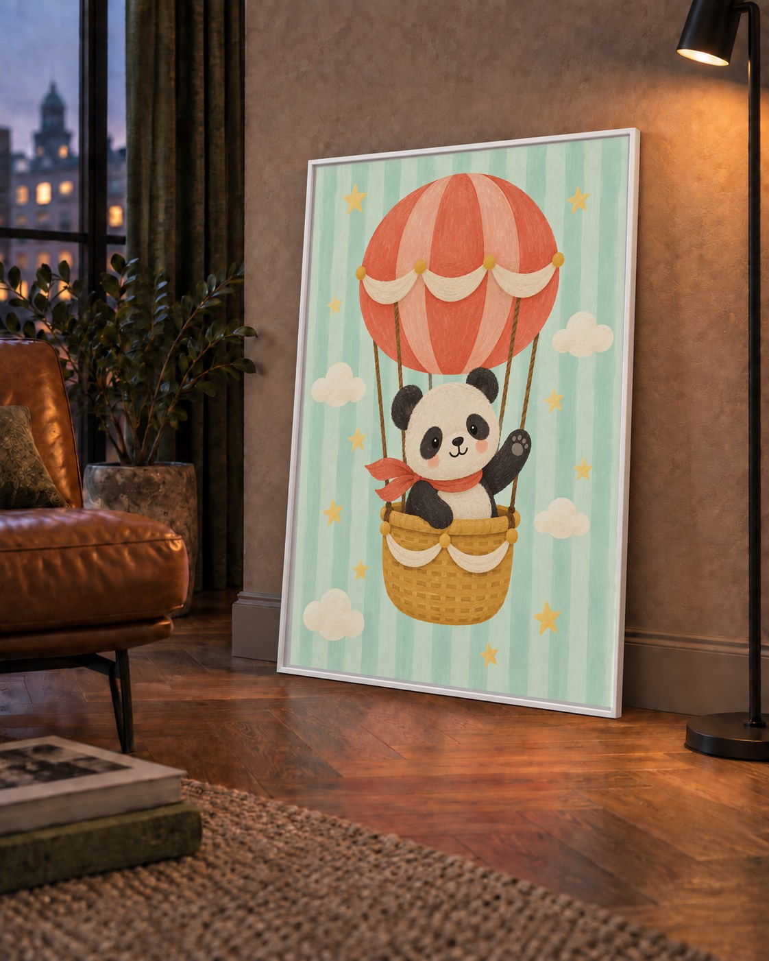 Balonda Sevimli Panda Poster – Pastel Çocuk Odası Duvar Dekoru — çerçeveli hâliyle bir ev duvarında