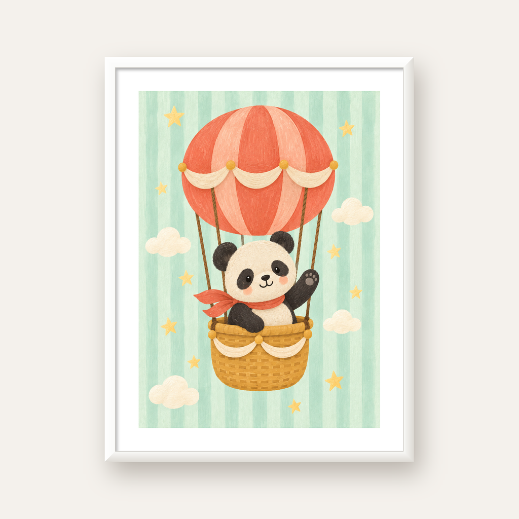 Balonda Sevimli Panda Poster – Pastel Çocuk Odası Duvar Dekoru — beyaz çerçeveli dikey poster