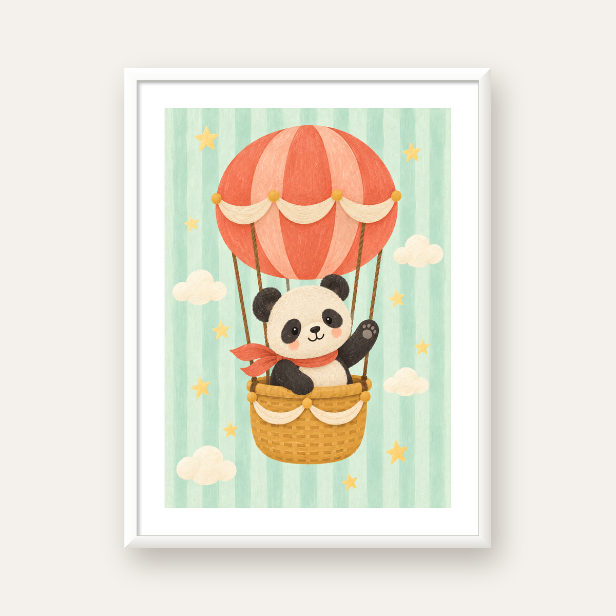 Balonda Sevimli Panda Poster – Pastel Çocuk Odası Duvar Dekoru — beyaz çerçeveli dikey poster