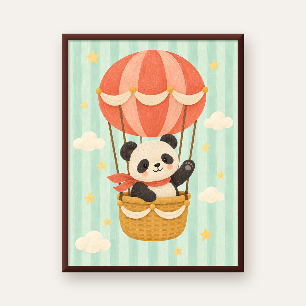 Balonda Sevimli Panda Poster – Pastel Çocuk Odası Duvar Dekoru — ceviz çerçeveli
