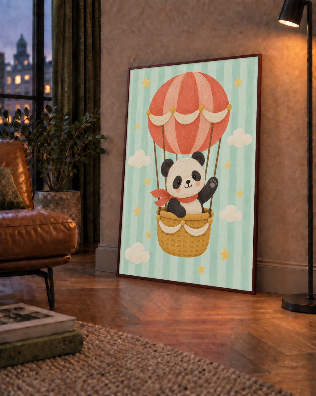 Balonda Sevimli Panda Poster – Pastel Çocuk Odası Duvar Dekoru — çerçeveli hâliyle bir ev duvarında