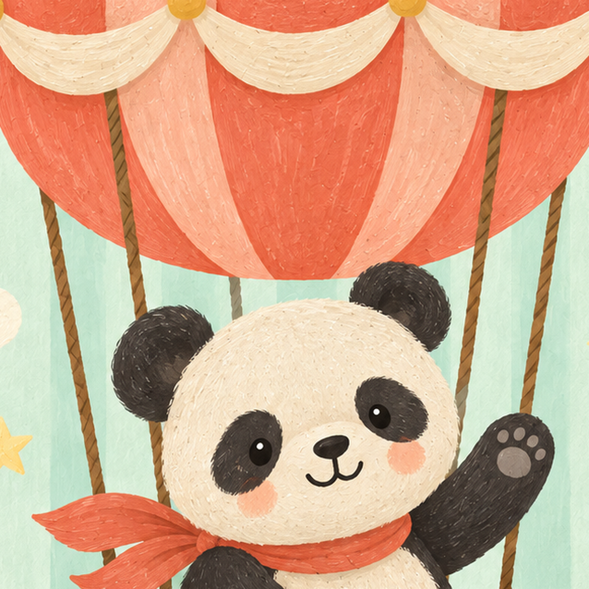 Balonda Sevimli Panda Poster – Pastel Çocuk Odası Duvar Dekoru — baskının yakın çekimi, kâğıt dokusu ve renk detayı