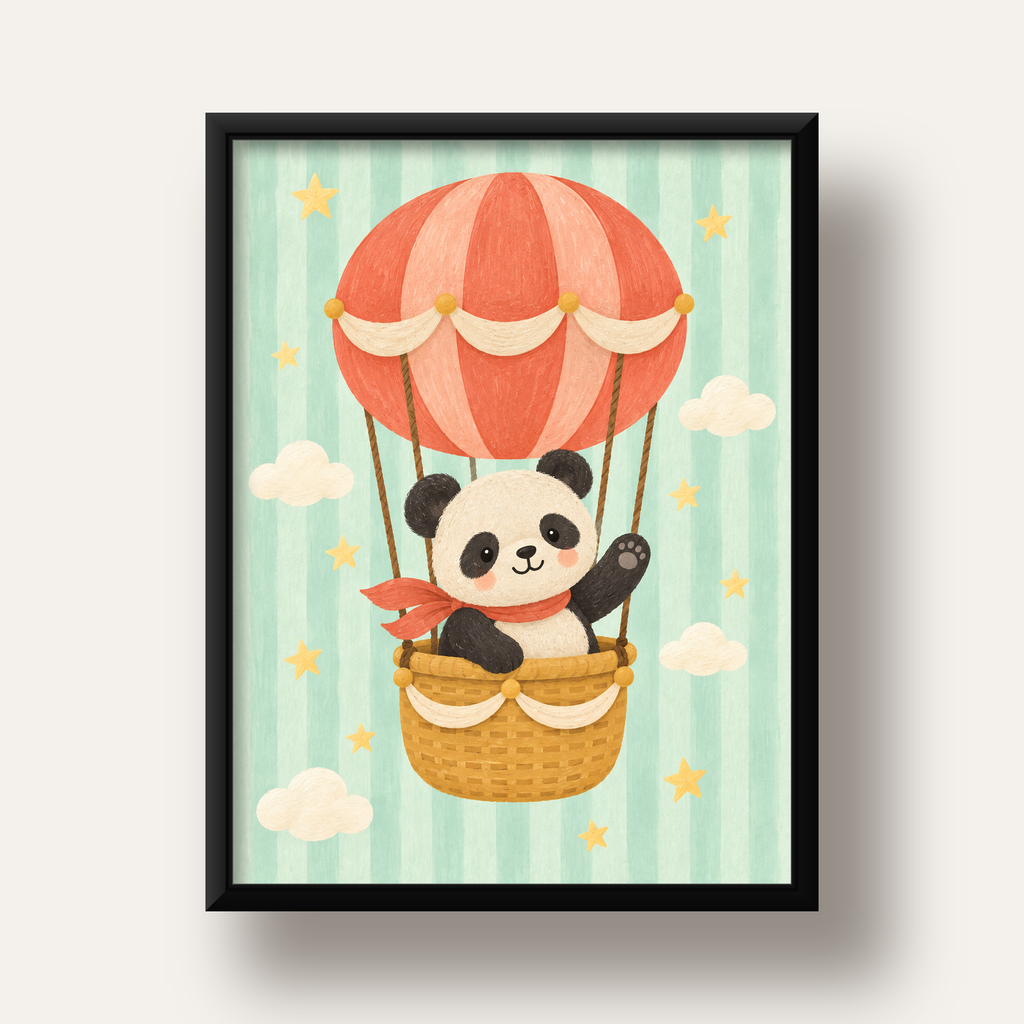 Balonda Sevimli Panda Poster – Pastel Çocuk Odası Duvar Dekoru — siyah derin çerçeveli