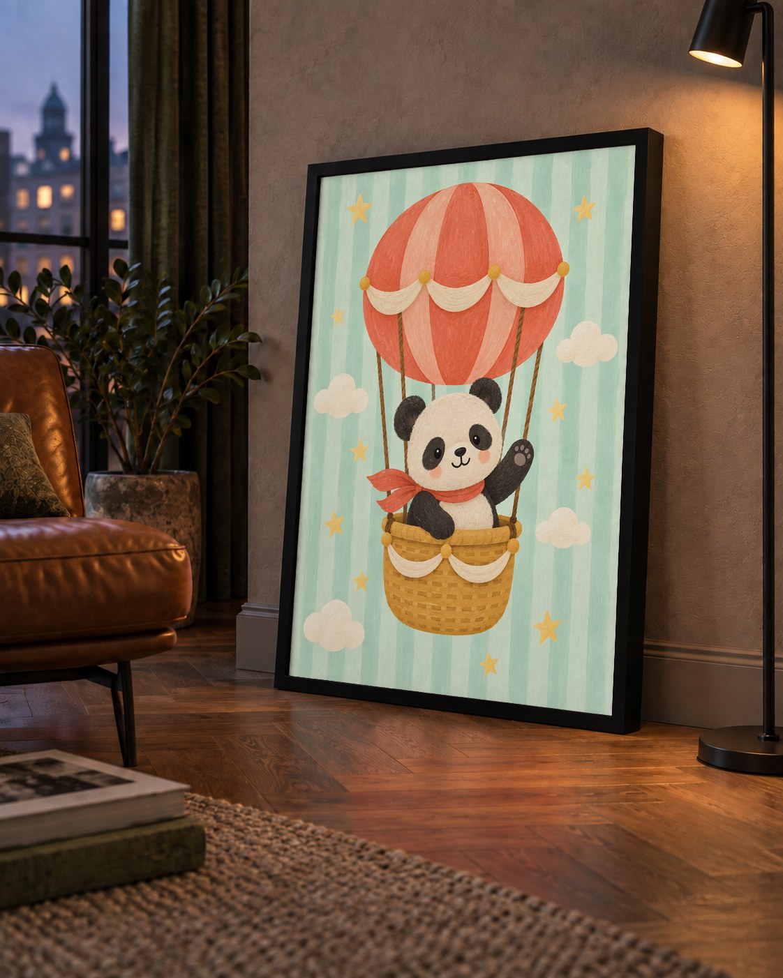 Balonda Sevimli Panda Poster – Pastel Çocuk Odası Duvar Dekoru — çerçeveli hâliyle bir ev duvarında