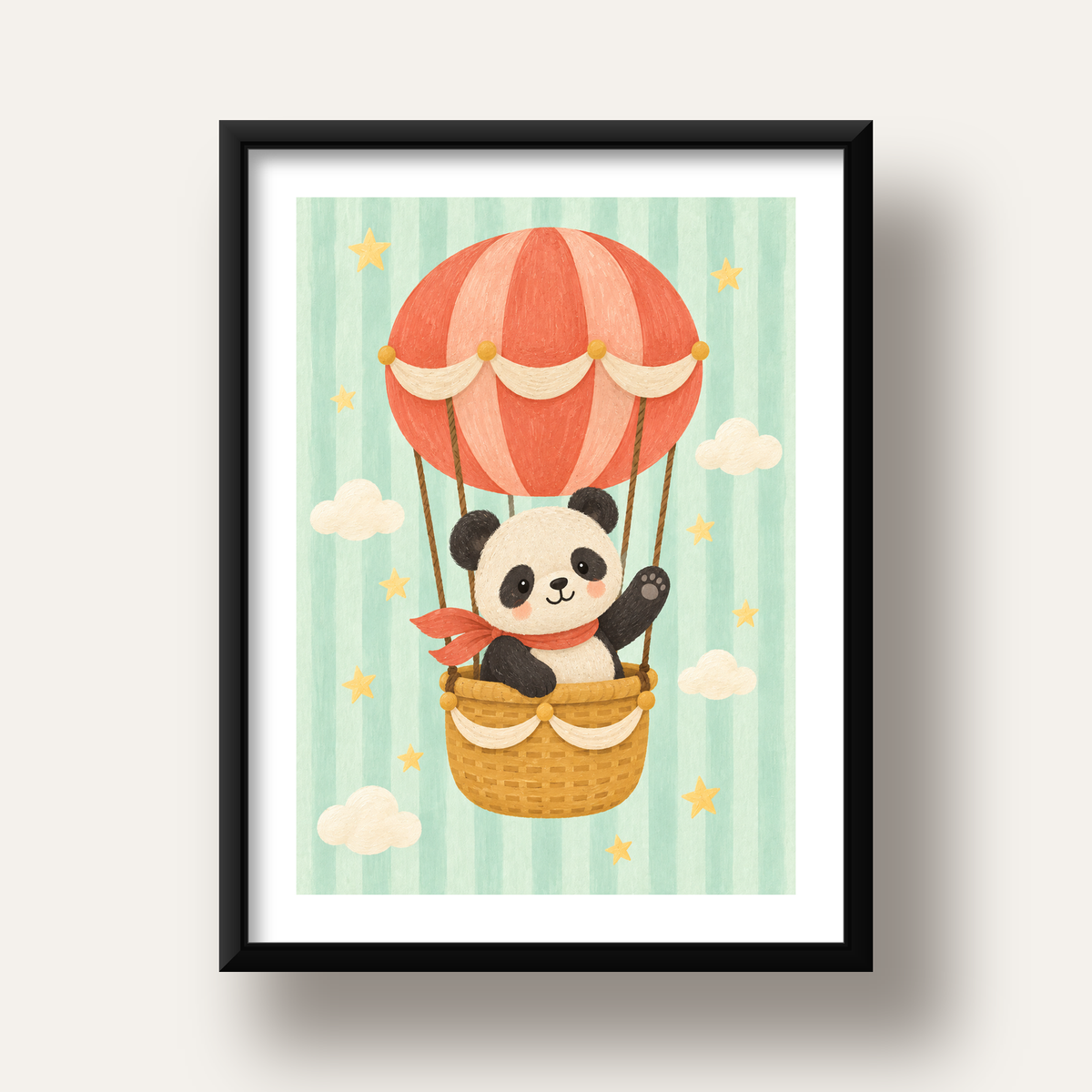 Balonda Sevimli Panda Poster – Pastel Çocuk Odası Duvar Dekoru — siyah derin çerçeveli paspartulu