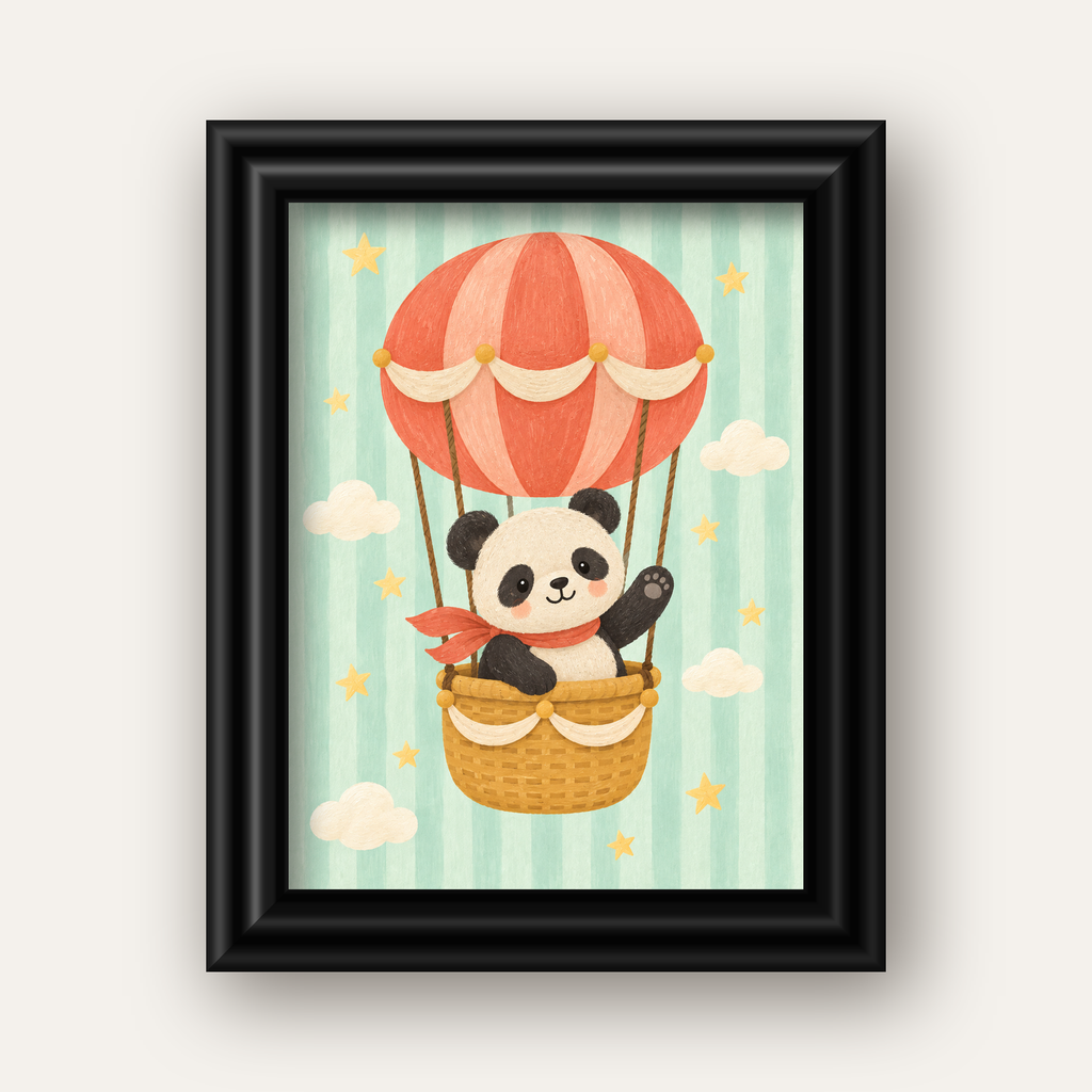 Balonda Sevimli Panda Poster – Pastel Çocuk Odası Duvar Dekoru — siyah galeri çerçeveli