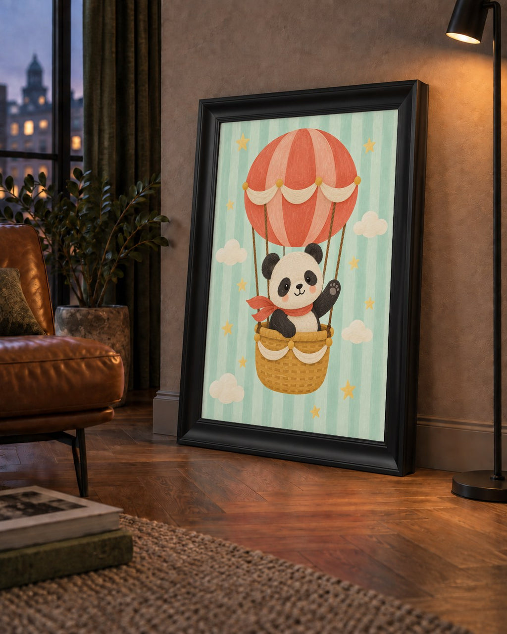 Balonda Sevimli Panda Poster – Pastel Çocuk Odası Duvar Dekoru — çerçeveli hâliyle bir ev duvarında