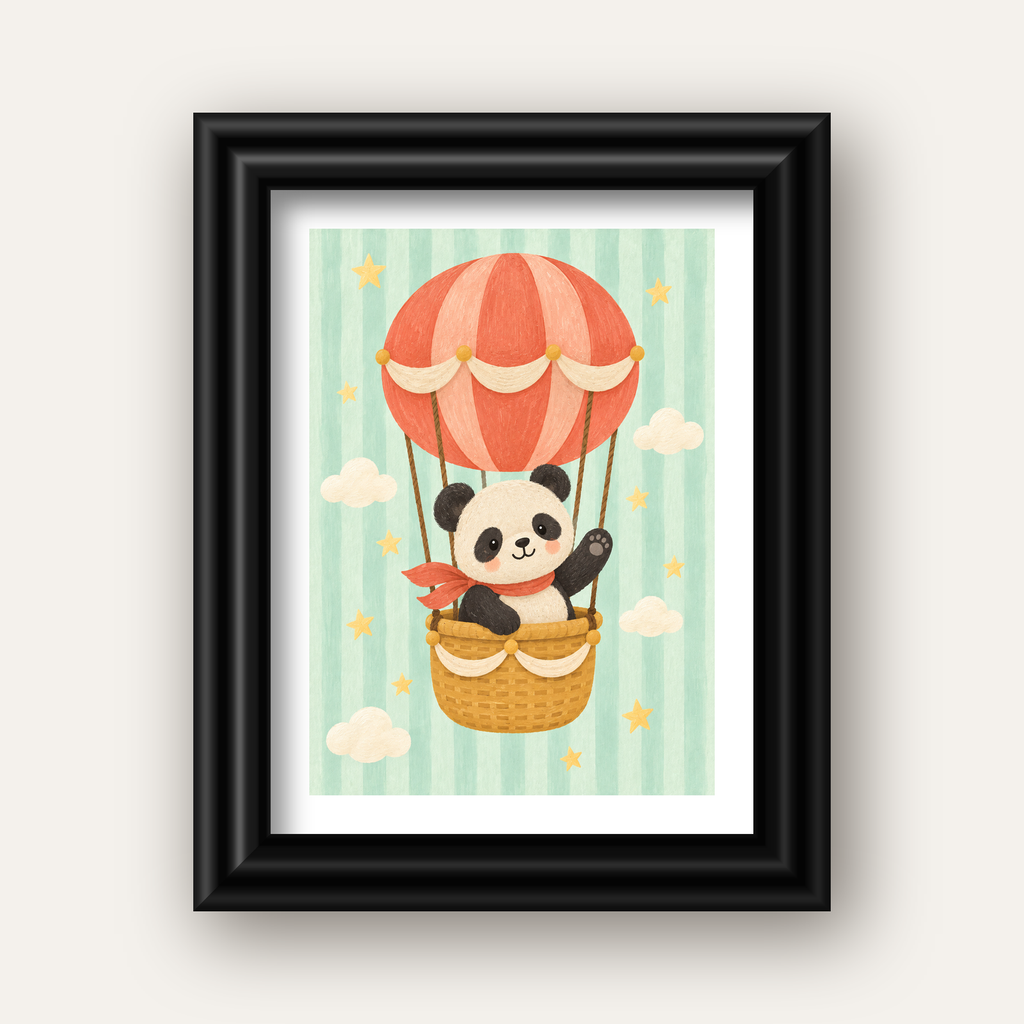 Balonda Sevimli Panda Poster – Pastel Çocuk Odası Duvar Dekoru — siyah galeri çerçeveli paspartulu