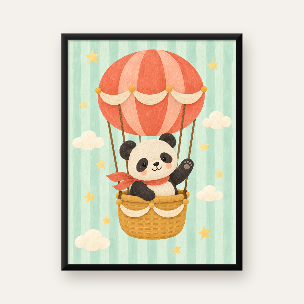 Balonda Sevimli Panda Poster – Pastel Çocuk Odası Duvar Dekoru — Dikey baskı, düz siyah çerçeveli duvar posteri