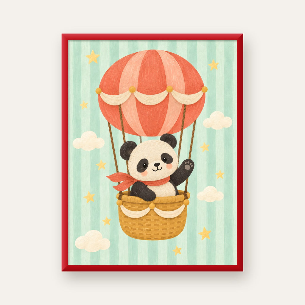 Balonda Sevimli Panda Poster – Pastel Çocuk Odası Duvar Dekoru — kırmızı çerçeveli