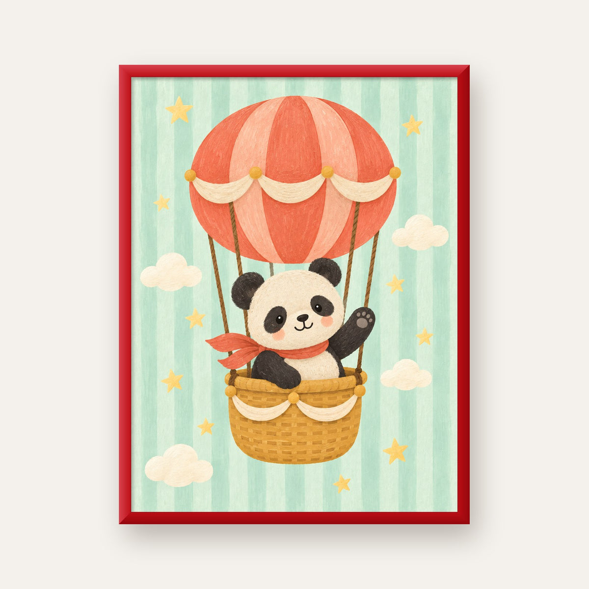 Balonda Sevimli Panda Poster – Pastel Çocuk Odası Duvar Dekoru — kırmızı çerçeveli
