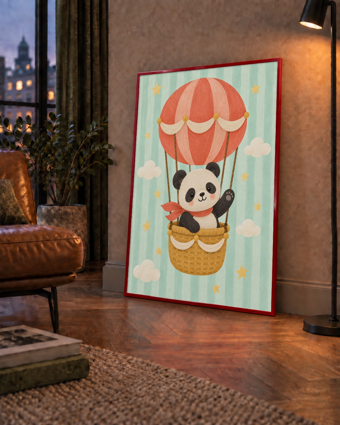 Balonda Sevimli Panda Poster – Pastel Çocuk Odası Duvar Dekoru — çerçeveli hâliyle bir ev duvarında
