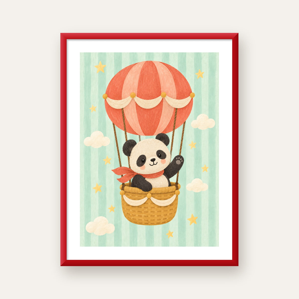 Balonda Sevimli Panda Poster – Pastel Çocuk Odası Duvar Dekoru — kırmızı çerçeveli paspartulu