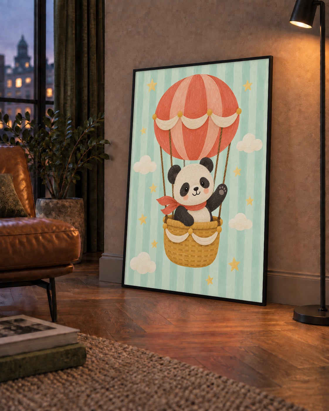 Balonda Sevimli Panda Poster – Pastel Çocuk Odası Duvar Dekoru — çerçeveli hâliyle bir ev duvarında